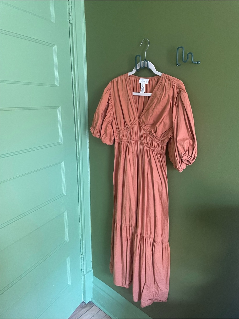 Jessica Simpson Rust Orange Midi Dress with Puff Sleeves